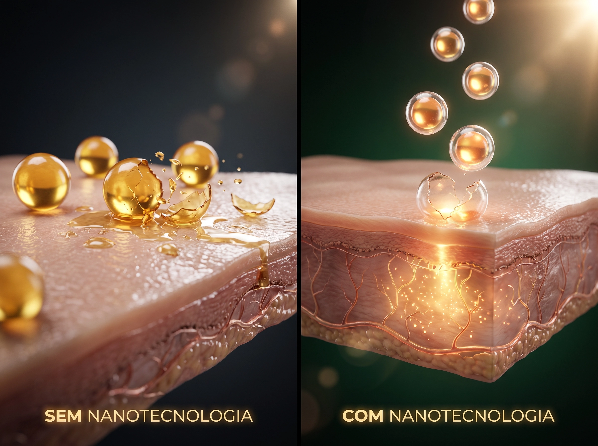 Comparação entre dermocosméticos sem e com nanotecnologia Ativve: ativos comuns se dispersam na superfície da pele, enquanto os nanoencapsulados penetram e liberam os ativos nas camadas mais profundas